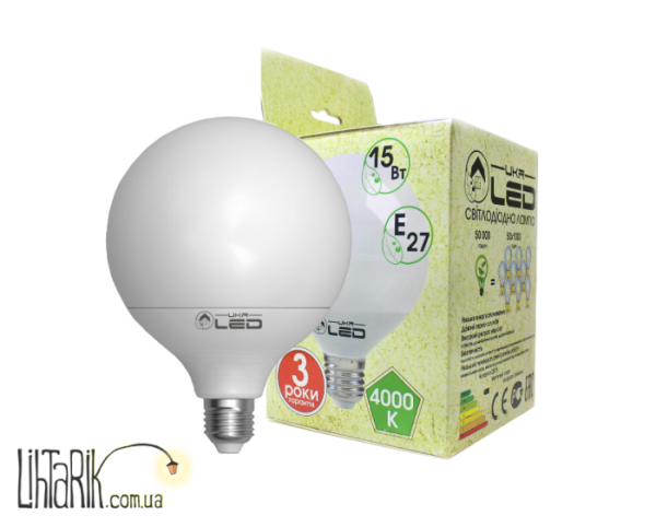 UkrLED Светодиодная лампа 15Вт, Е27(глобус),4000К (609)
