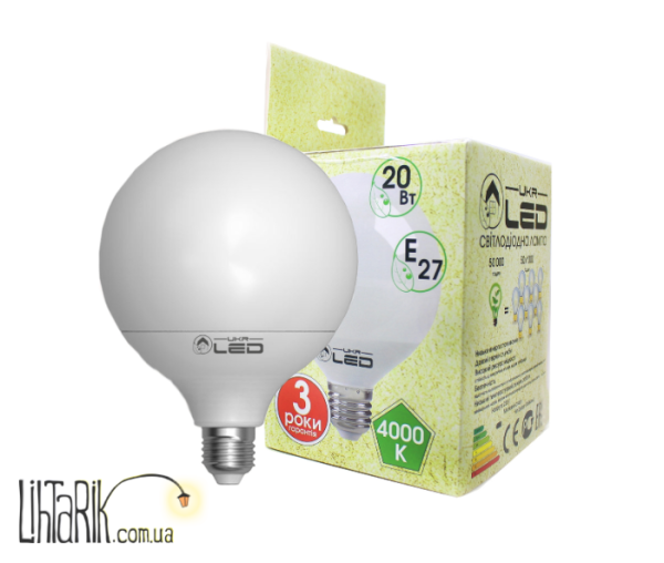 UkrLED Светодиодная лампа 20Вт, Е27(глобус),4000К (610)