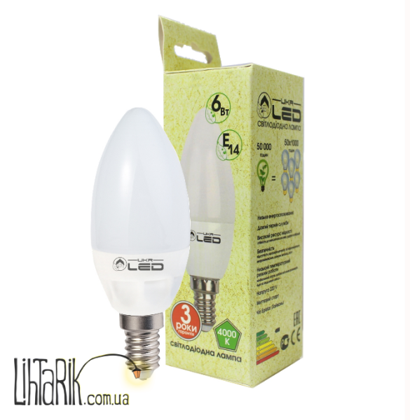 UkrLED Светодиодная лампа 6Вт, Е14(свеча),4000К (188)