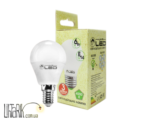 UkrLED Светодиодная лампа 6Вт, Е14(шарик),4000К (186)